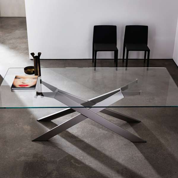 Table de salle à manger design en verre et métal - Cross 2 - 2