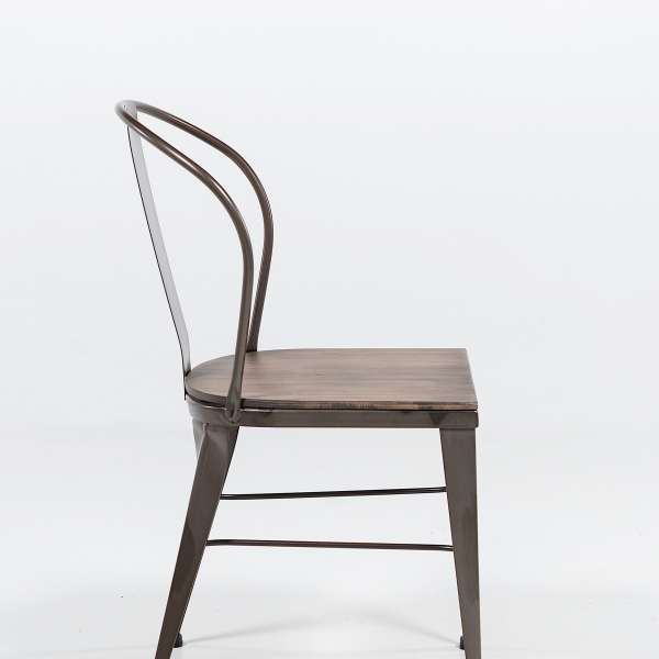 chaise industrielle en acier brut vernis, assise bois pin rustique 3 - 4