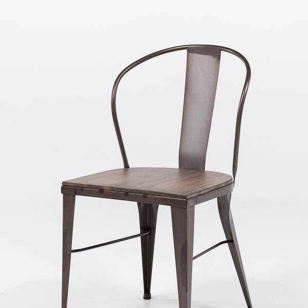 chaise industrielle en acier brut vernis, assise bois pin rustique 8 - 9