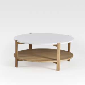Table basse ronde en bois bicolore blanche et teinte bois naturel fabrication française - Facette