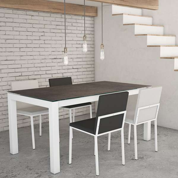 Table de salle à manger extensible en céramique Iron Moss et métal blanc avec chaises Ole - Kyoto - 4
