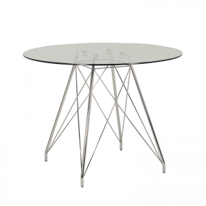 Petite table ronde design en verre transparent et pieds eiffel chromés - Glamour