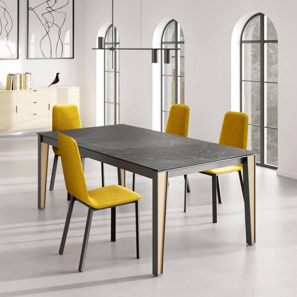Table en Dekton effet marbre avec pieds métal et bois - London bois - 2
