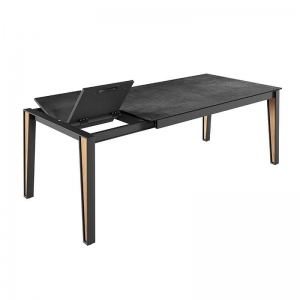 Table design extensible en céramique effet betton avec pieds bois et métal - Okaso)