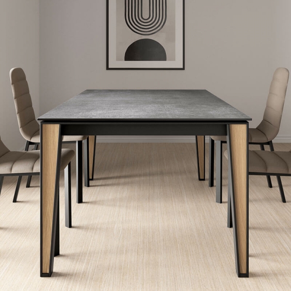 Table design extensible en céramique avec pieds bois et métal - Okaso) - 3