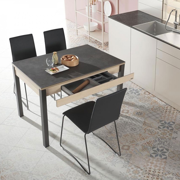 Petite table de cuisine extensible en céramique avec tiroir pieds métal - Iris