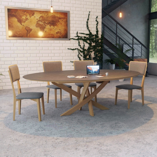 Table extensible design ovale pied central bois et plateau céramique - Elliptica - 1