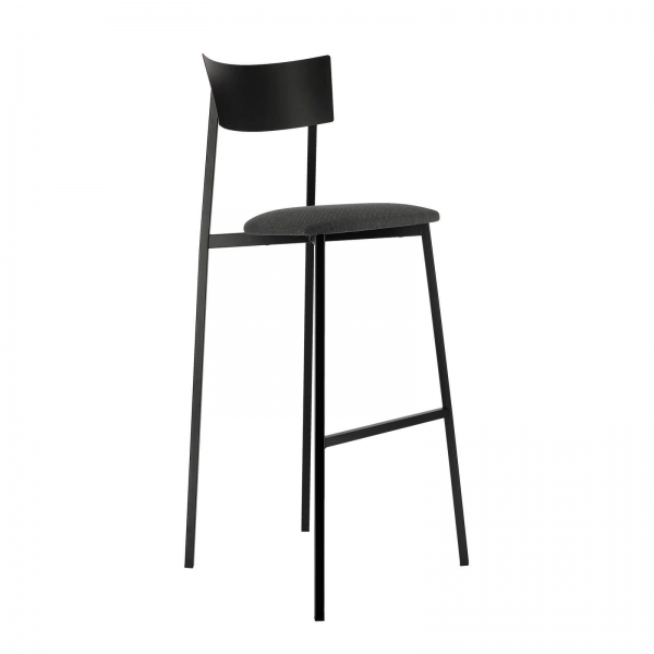 Tabouret de bar français noir avec assise en tissu rembourrée et dossier métal - Anémone Carrier® - 1