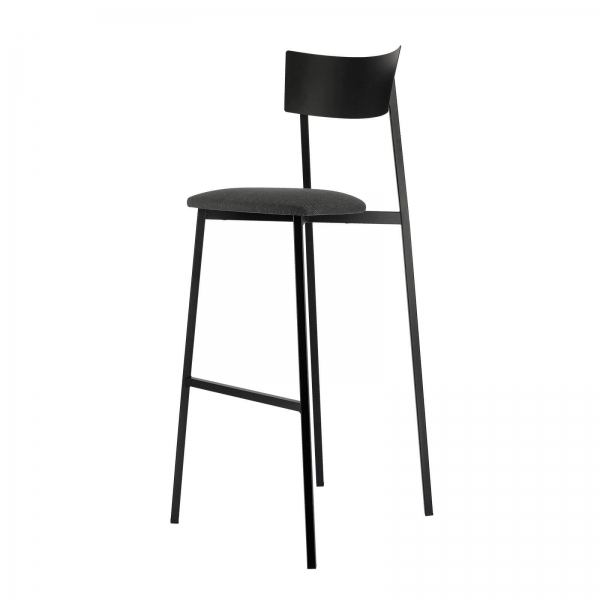 Tabouret haut français noir avec assise en tissu rembourrée et dossier métal - Anémone Carrier® - 3