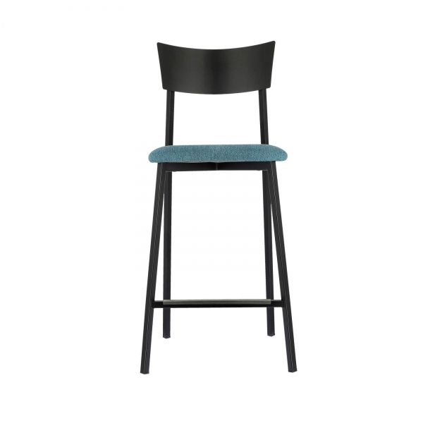 Tabouret haut français avec assise en tissu bleu rembourrée et dossier métal noir - Anémone Carrier® - 2