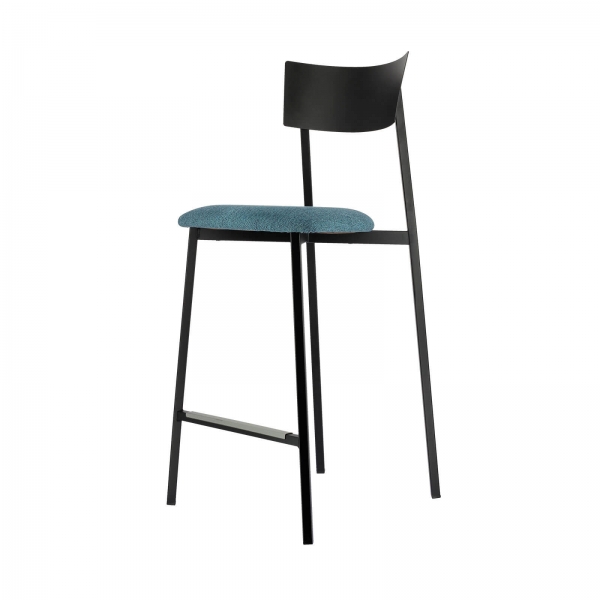 Tabouret snack fabriqué en France avec assise en tissu bleu rembourrée et dossier métal noir - Anémone Carrier® - 4