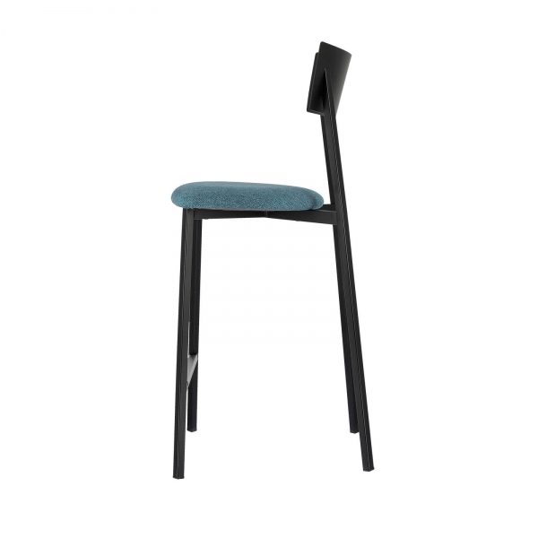 Tabouret français avec assise en tissu bleu rembourrée et dossier métal noir - Anémone Carrier® - 6