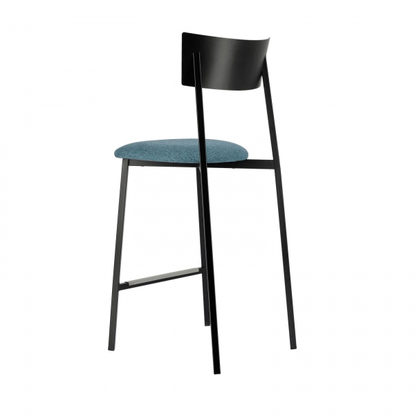 Tabouret fabriqué en France avec assise en tissu bleu rembourrée et dossier métal noir - Anémone Carrier® - 7