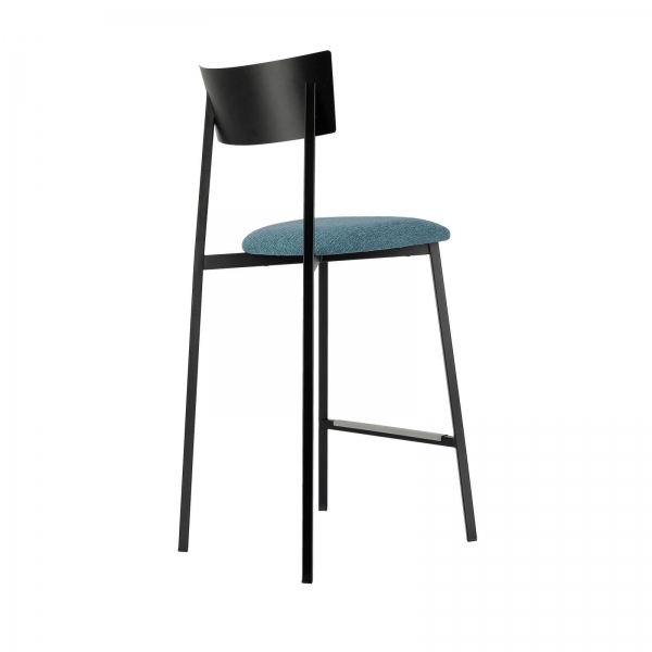 Tabouret snack fabrication française avec assise en tissu bleu rembourrée et dossier métal noir - Anémone Carrier® - 5