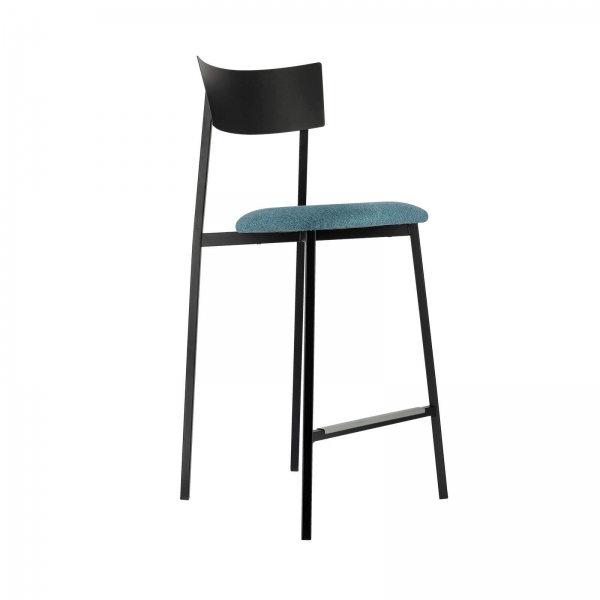 Tabouret snack français avec assise en tissu bleu rembourrée et dossier métal noir - Anémone Carrier® - 1