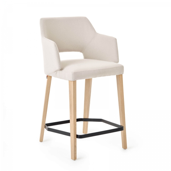 Tabouret hauteur 65 cm en tissu blanc avec accoudoirs et pieds en bois naturel - Lena Mobitec ® - 15