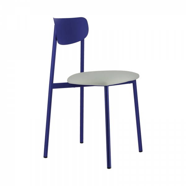 Chaise française en métal bleu avec assise en simili rembourrée - Colette Carrier® - 1