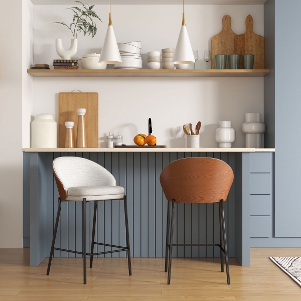 Tabouret snack bimatière en tissu gris avec dossier bois et pieds en métal - Sandro - 2