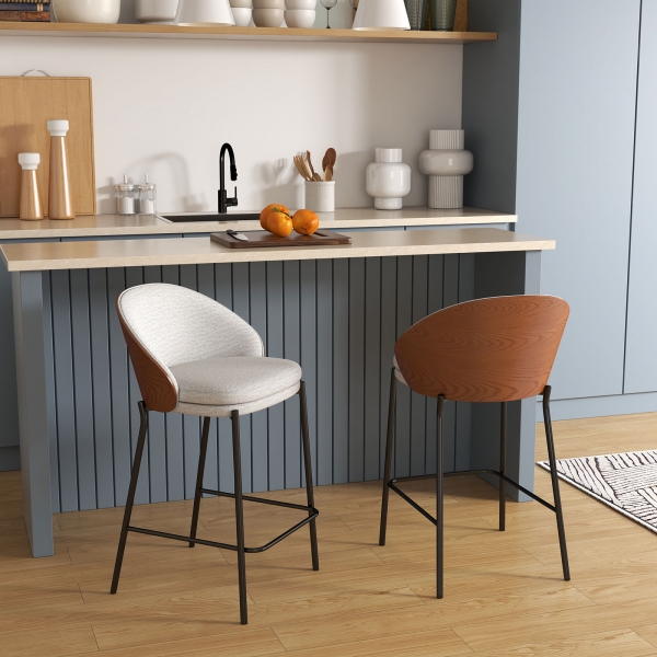 Tabouret snack bimatière en tissu gris avec dossier bois et pieds en métal - Sandro - 1