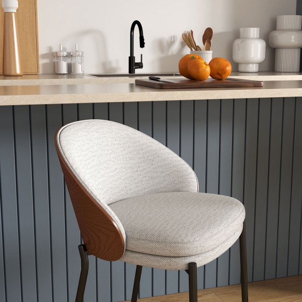 Tabouret snack bimatière en tissu gris avec dossier bois et pieds en métal - Sandro - 5