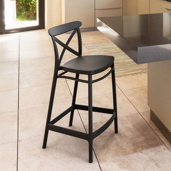 Tabouret en polypropylène noir moderne avec dossier - Cross - 1
