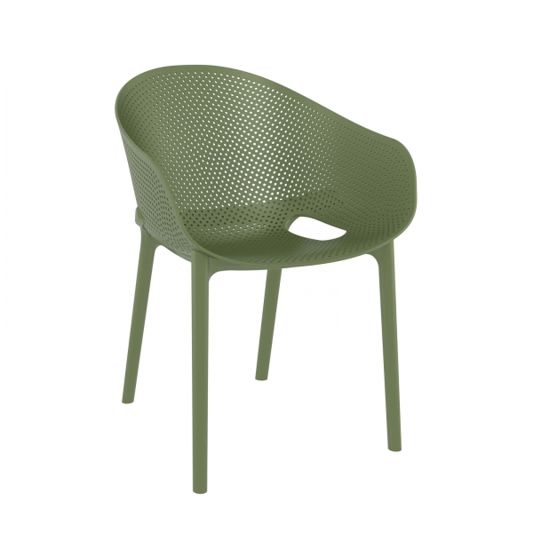 Fauteuil de jardin moderne empilable coque microperforée en polypropylène vert olive - Sky Pro - 6
