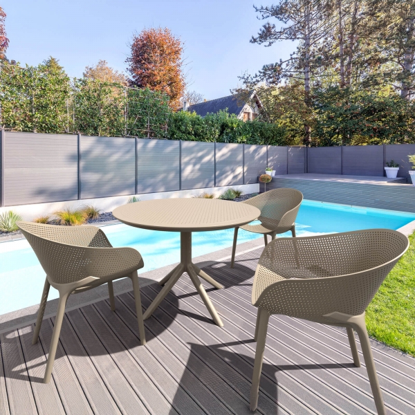 Fauteuil de jardin moderne empilable coque microperforée en polypropylène taupe - Sky Pro - 4