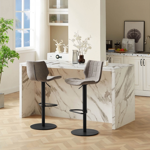 Tabouret tournant et réglable coque matelassée et patinée gris mat avec pied en métal noir - Indica - 4