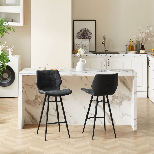 Tabouret design inspiration vintage coque matelassée patinée noir mat et pieds en métal noir - Impia - 3