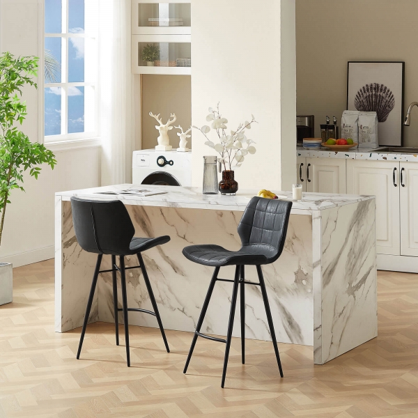 Tabouret design inspiration vintage coque matelassée patinée noir mat et pieds en métal noir - Impia - 4