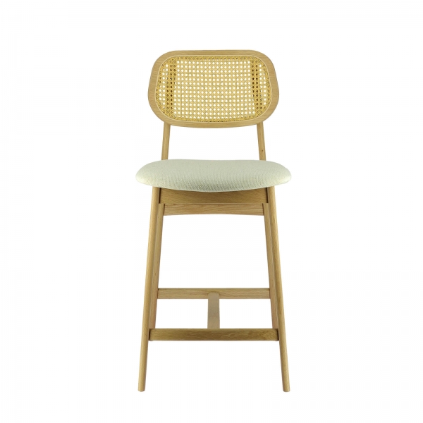 Tabouret haut avec dossier en cannage et assise en tissu - Augustin - 2