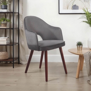 Fauteuil cosy en tissu gris avec dossier ajouré et pieds bois et métal - Bistrot