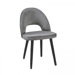 Chaise grise cosy avec dossier ajouré en tissu et pieds bois et métal - Bistrot