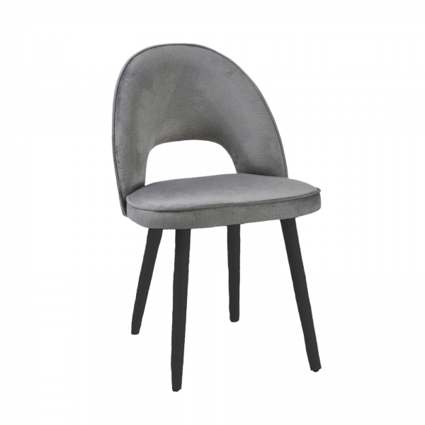 Chaise grise cosy avec dossier ajouré en tissu et pieds bois et métal - Bistrot - 1