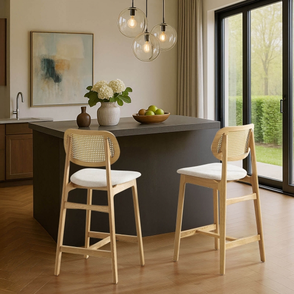 Tabouret snack avec dossier en cannage et assise en tissu - Augustin - 3