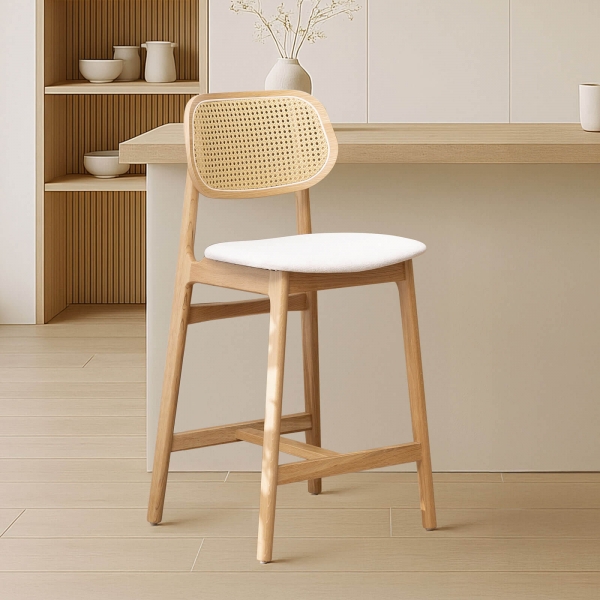 Tabouret snack avec dossier en cannage et assise en tissu - Augustin - 1