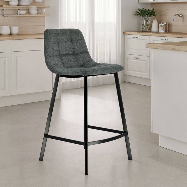 Tabouret en tissu gris avec assise matelassée et hauteur snack - Carvi - 1