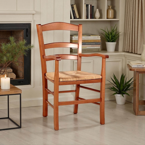 Fauteuil traditionnel en bois massif rustique et paille - Brocéliande - 1