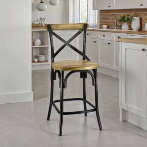 Tabouret bistrot en métal patiné noir et bois vieilli - Madie